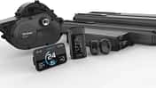 Explosionsartige Darstellung des GOBAO X1P E-Bike-Antriebssystems mit Motor, Akkus, Displays und Bedienelementen.