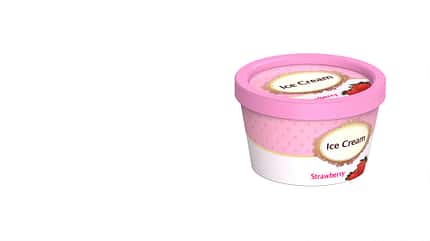 Eisbecher, Erdbeereis, 3D-Rendering, Eisverpackung, Dessert, Eiscreme, Verpackungsdesign, Erdbeere, Grafik, Produktvisualisierung 3D-Rendering eines Eisbechers mit Erdbeergeschmack, rechts ausgerichtet, auf weißem Hintergrund.