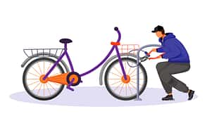 rgb,2d,thievery,joyrider Guy stealing bicycle attached to bike rack flat color vector faceless character. Bike theft. Thief cutting cycle lock buy bolt cutter. Isolated cartoon illustration