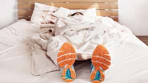 Morning,Women,Sports Clothing,Sleeping,Marathon,Jogging,Fun,Action,Dreamlike,Humor,Bizarre,Below,Sport,Lifestyles,Outdoors,People,Night,Bedroom,Shoe,Pillow,Blanket,Bed,nacked,never,Tired Woman All time ready to run