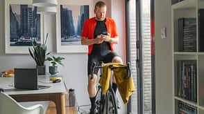 turbo trainer,turbo Shot of a mature man using his indoor cycling turbo trainer at home