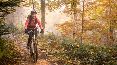 Young woman mountain biker in the forest at dawn
