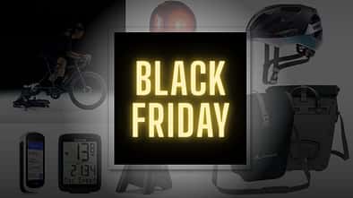 Grafik mit Schriftzug Black Friday vor Fahrrad-Produkten.