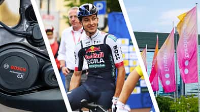 Collage aus Bosch-Motor, Florian Lipowitz und Eurobike-Fahnen. 