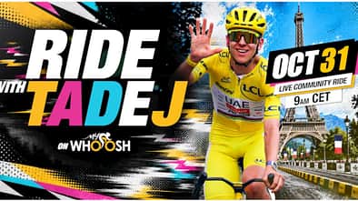 Ankündigungsbanner für die MyWhoosh-Ausfahrt "Ride with Tadej" am 31.10. um 9 Uhr MEZ.