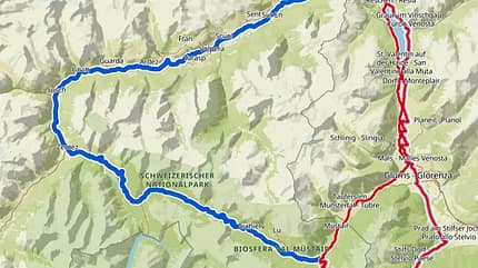 Streckenkarte des Dreiländergiros 2023: blaue Route = Stelvio Engadin über Reschenpass, Stilfser Joch, Ofenpass und Norbertshöhe; rote Route = Stelvio Vinschgau über Stilfser Joch und 2x Reschenpass Streckenkarte des Dreiländergiros 2023: blaue Route = Stelvio Engadin über Reschenpass, Stilfser Joch, Ofenpass und Norbertshöhe; rote Route = Stelvio Vinschgau über Stilfser Joch und 2x Reschenpass