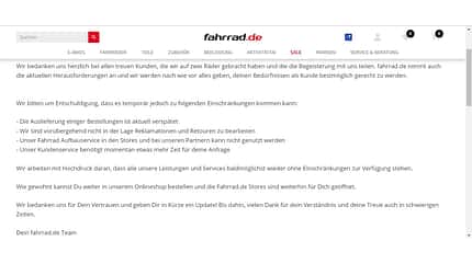 Screenshot von der Webseite Fahrrad.de mit Mitteilung an die Kunden Screenshot von der Webseite Fahrrad.de mit Mitteilung an die Kunden