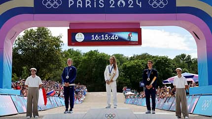 Gold medalist Pauline Ferrand Prevot of Team France (C), Silver medalist Haley Batten of Team United States (L) and Bronze medalist Jenny Rissveds of Team Sweden (R) pose on the podium during the Women’s Cross-Country Cycling Mountain Bike Gold Medal race on day two of the Olympic Games Paris 2024 at Elancourt Hill on July 28, 2024 in Elancourt, France. Gold medalist Pauline Ferrand Prevot of Team France (C), Silver medalist Haley Batten of Team United States (L) and Bronze medalist Jenny Rissveds of Team Sweden (R) pose on the podium during the Women’s Cross-Country Cycling Mountain Bike Gold Medal race on day two of the Olympic Games Paris 2024 at Elancourt Hill on July 28, 2024 in Elancourt, France.