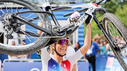 Winner Pauline Ferrand Prevot of France during the Women's Cycling Mountain Bike Women's Cross-country on Day 2 of the Olympic Games Paris 2024 at Elancourt Hill on July 28, 2024 in Élancourt, France. (Photo by Henk Jan Dijks/DeFodi Images/DeFodi via Getty Images) Winner Pauline Ferrand Prevot of France during the Women's Cycling Mountain Bike Women's Cross-country on Day 2 of the Olympic Games Paris 2024 at Elancourt Hill on July 28, 2024 in Élancourt, France. (Photo by Henk Jan Dijks/DeFodi Images/DeFodi via Getty Images)