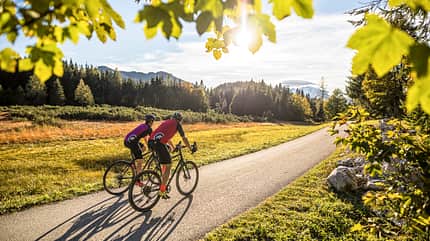 SalzburgerLand,Tennengau,Gravelbike,Blätter,Sonnenschein,zwei Fahrradfahrer SalzburgerLand,Tennengau,Gravelbike,Blätter,Sonnenschein,zwei Fahrradfahrer
