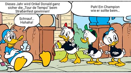 Illustration aus dem Lustigen Taschenbuch Fahrrad mit Donald Duck und Tick, Trick und Track Illustration aus dem Lustigen Taschenbuch Fahrrad mit Donald Duck und Tick, Trick und Track