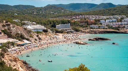 Mediterranean Sea beach at Ibiza island, stunning seaside scenery of Cala Tarida, Spain Balearic Islands.