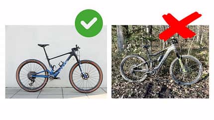 Ein sauberes Rad vor neutralem Hintergrund und ein schmutziges Rad im Wald.  Ein sauberes Rad vor neutralem Hintergrund und ein schmutziges Rad im Wald.