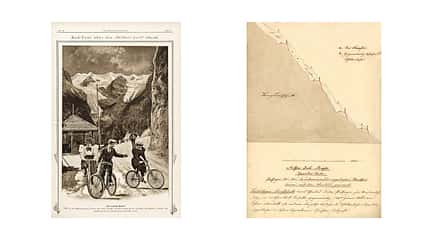 Salzburger Fremden Zeitung 1898 (links), Skizze von Schneeanhäufungen an der Straße im Jahr 1826