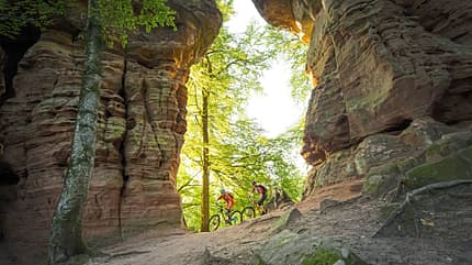 Zwei Mountainbiker fahren durch eine Felsformation im Wald bei Sonnenlicht.