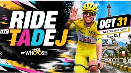 Ankündigungsbanner für die MyWhoosh-Ausfahrt "Ride with Tadej" am 31.10. um 9 Uhr MEZ. Ankündigungsbanner für die MyWhoosh-Ausfahrt "Ride with Tadej" am 31.10. um 9 Uhr MEZ.