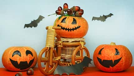 Halloween pumpkins, acorns and paper bats