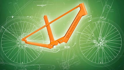 Leichter und recycelbarer Fahrradrahmen aus einem Stück, hergestellt mit Hochleistungskunststoffen und Carbonfasern für optimale Festigkeit und Steifigkeit.