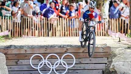 Pauline Ferrand Prevot of France during the Women's Cycling Mountain Bike Women's Cross-country on Day 2 of the Olympic Games Paris 2024 at Elancourt Hill on July 28, 2024 in Élancourt, France. (Photo by Henk Jan Dijks/DeFodi Images/DeFodi via Getty Images)
