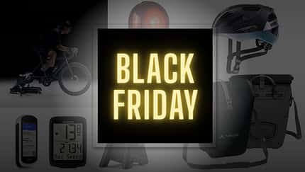 Grafik mit Schriftzug Black Friday vor Fahrrad-Produkten. Grafik mit Schriftzug Black Friday vor Fahrrad-Produkten.