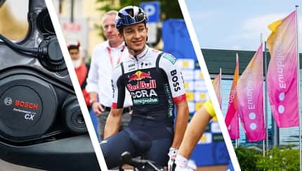 Collage aus Bosch-Motor, Florian Lipowitz und Eurobike-Fahnen. 