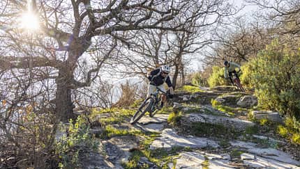 Zwei Mountainbiker fahren auf einem felsigen Trail durch eine bewaldete Landschaft bei Sonnenlicht.