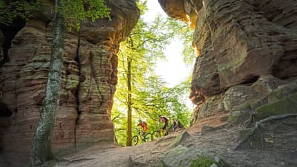 Zwei Mountainbiker fahren durch eine Felsformation im Wald bei Sonnenlicht.