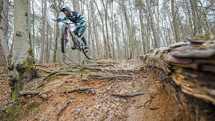 MTB Beerfelden, Mountainbike, Downhill, Waldtrail, Sprung, Wurzelpassage, Bikepark, MTB-Event, Offroad, Fahrradtechnik Mountainbiker springt auf wurzeligem Trail im Wald, Aufnahme in Beerfelden, vermutlich bei einem MTB-Event am 14.04.2026.