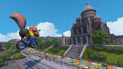 Fliegendes Eichhörnchen am Sacre-Coeur bei neuen Paris-Strecken auf Zwift Fliegendes Eichhörnchen am Sacre-Coeur bei neuen Paris-Strecken auf Zwift