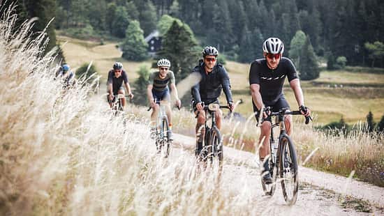 Gravelbikes,Action,vier Fahrer hintereinander,Grasbüschel