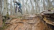 Mountainbiker springt auf wurzeligem Trail im Wald, Aufnahme in Beerfelden, vermutlich bei einem MTB-Event am 14.04.2026.