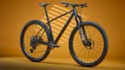 BikeAhead The Frame 02 Mountainbike vor orangefarbenem Hintergrund, Studiobeleuchtung, Komplettansicht seitlich.